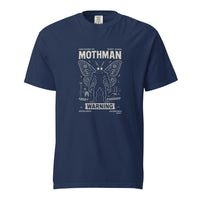 Mothman: The Warning design, on a true navy heavyweight Comfort Colors tee.