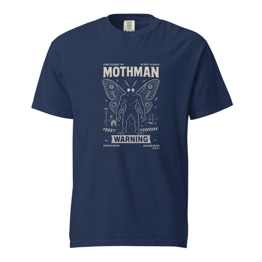 Mothman: The Warning design, on a true navy heavyweight Comfort Colors tee.