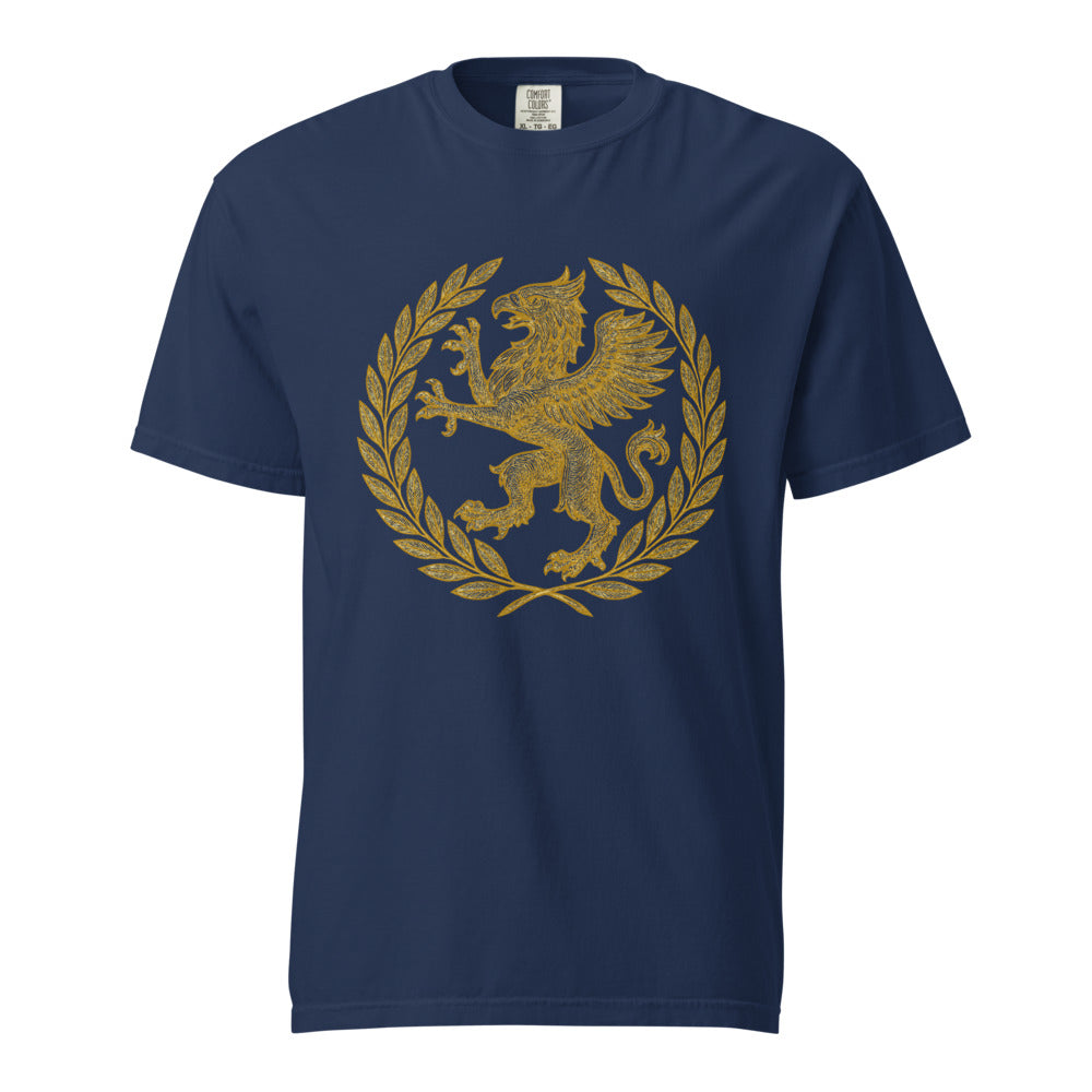 Gold griffin guardian crowned in the victor's laurel, on a True Navy heavyweight Comfort Colors tee.