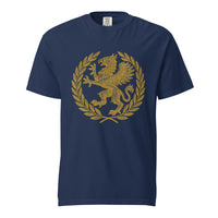Gold griffin guardian crowned in the victor's laurel, on a True Navy heavyweight Comfort Colors tee.