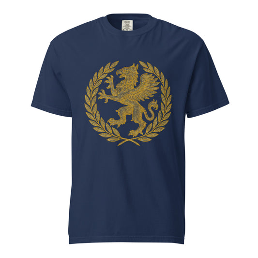 Gold griffin guardian crowned in the victor's laurel, on a True Navy heavyweight Comfort Colors tee.