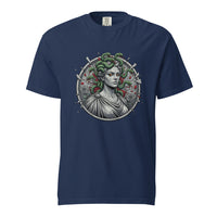 Medusa: The Gorgon's Gaze design, on a true navy heavyweight Comfort Colors tee.