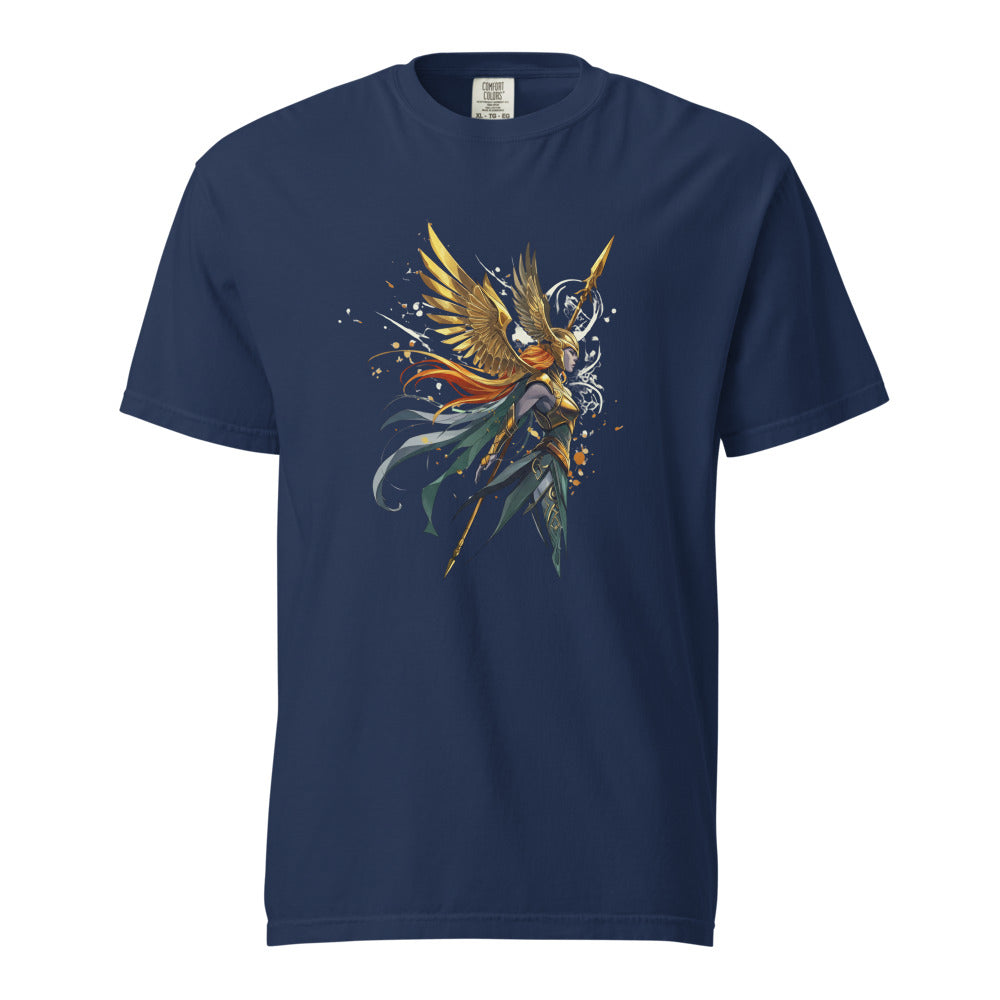 Valkyrie: The Shield-Maiden design, on a true navy heavyweight Comfort Colors tee.