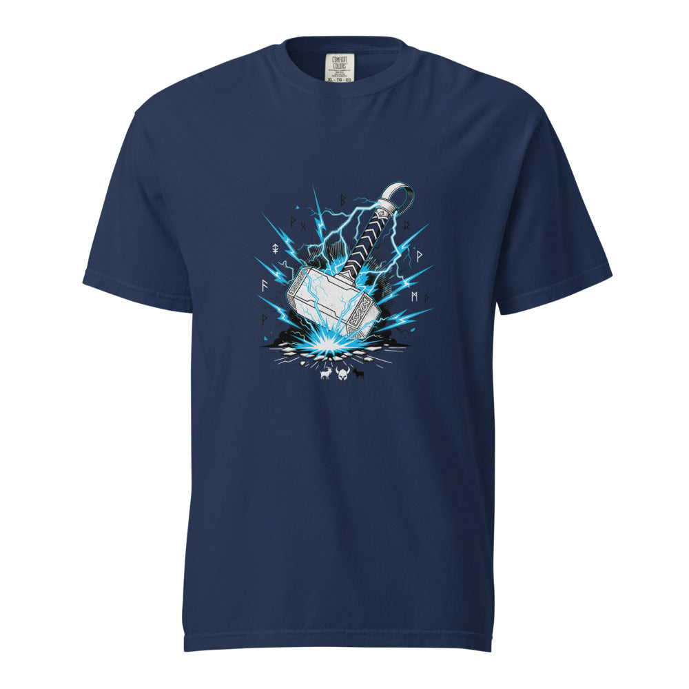 Mjolnir: The Thunder Hammer design, on a true navy heavyweight Comfort Colors tee.