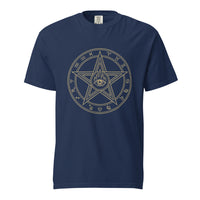 The Elder Sign cosmic horror design, on a true navy heavyweight Comfort Colors tee.