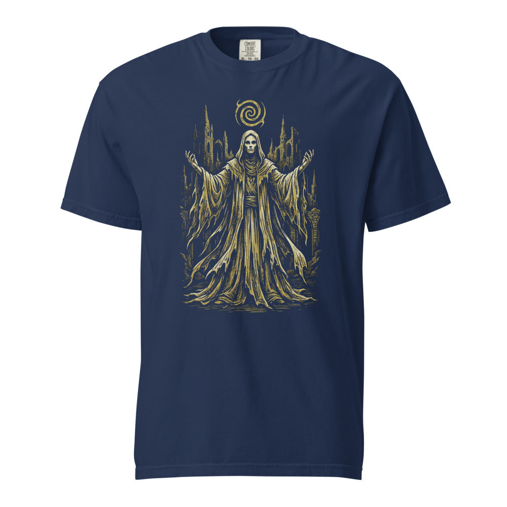 The King in Yellow cosmic horror design, on a true navy heavyweight Comfort Colors tee.