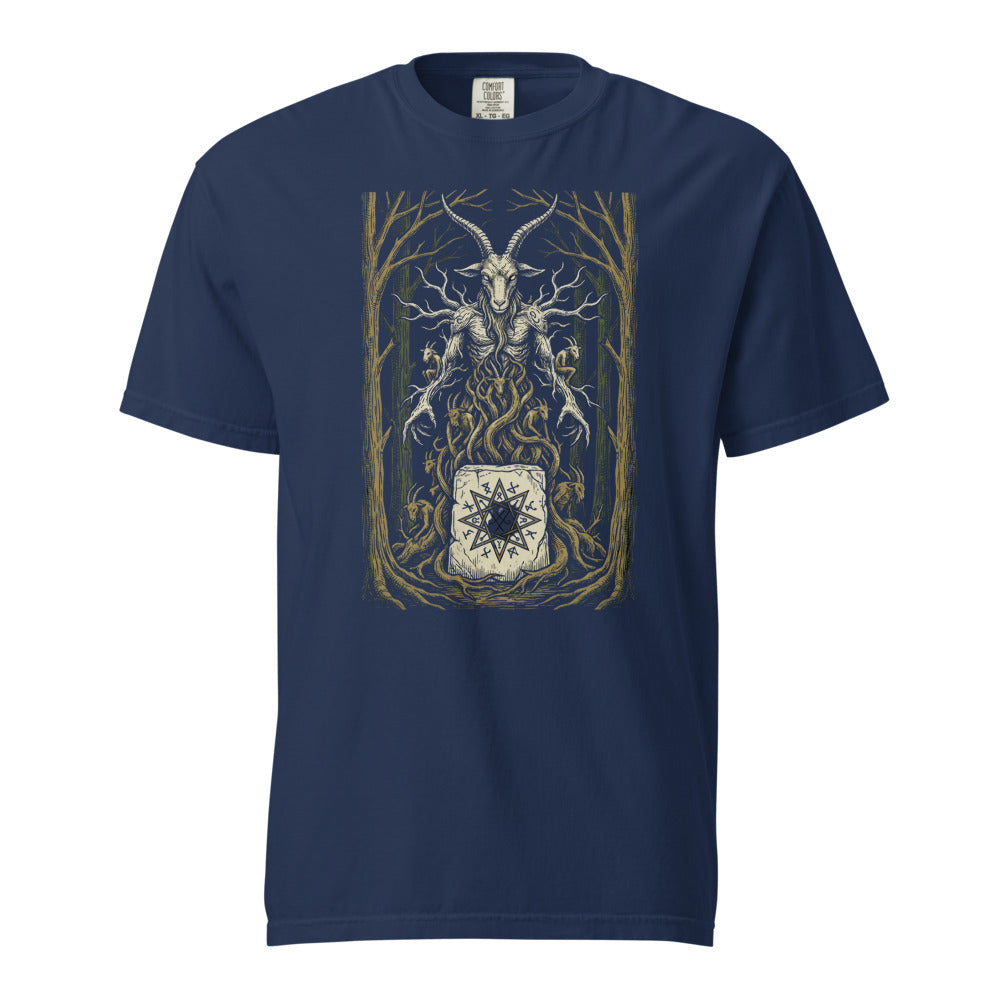 Shub-Niggurath: The Black Goat cosmic horror design, on a true navy heavyweight Comfort Colors tee.