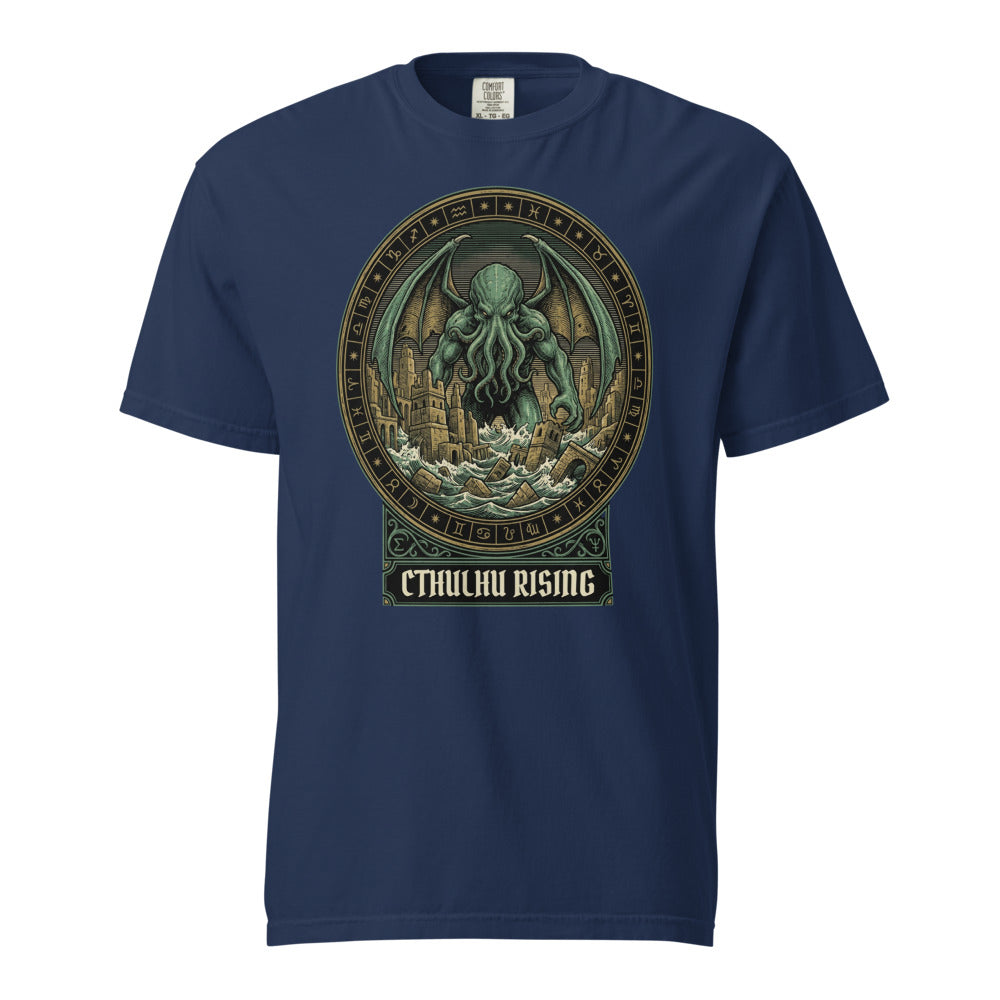 Cthulhu Rising cosmic horror design, on a true navy heavyweight Comfort Colors tee.