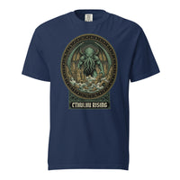 Cthulhu Rising cosmic horror design, on a true navy heavyweight Comfort Colors tee.