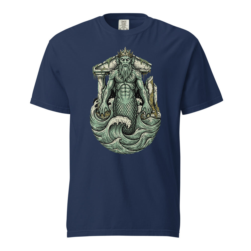 Dagon: Father of the Deep cosmic horror design, on a true navy heavyweight Comfort Colors tee.