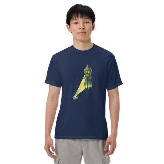 Flatwoods Monster: The Braxton County Landing on a model, heavyweight garment-dyed Comfort Colors 1717 tee in true navy