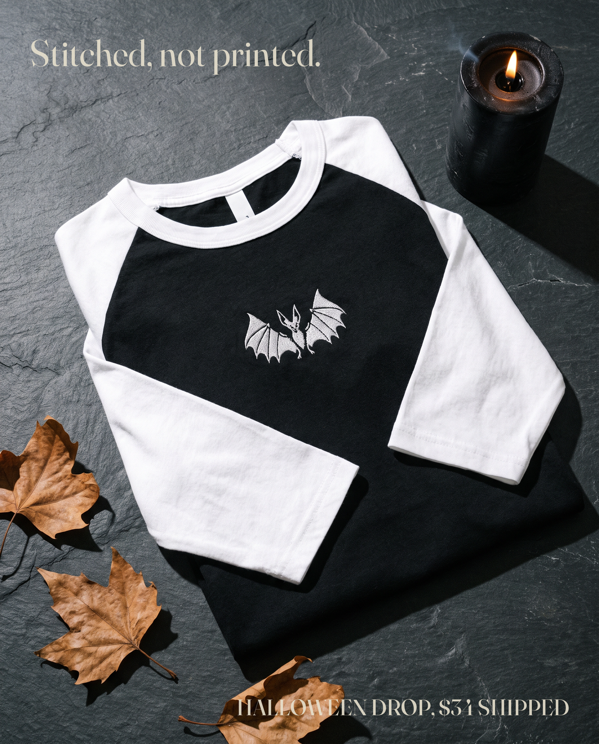 Vampire Bat Raglan, Black/White, embroidered bat on Tultex 245 raglan