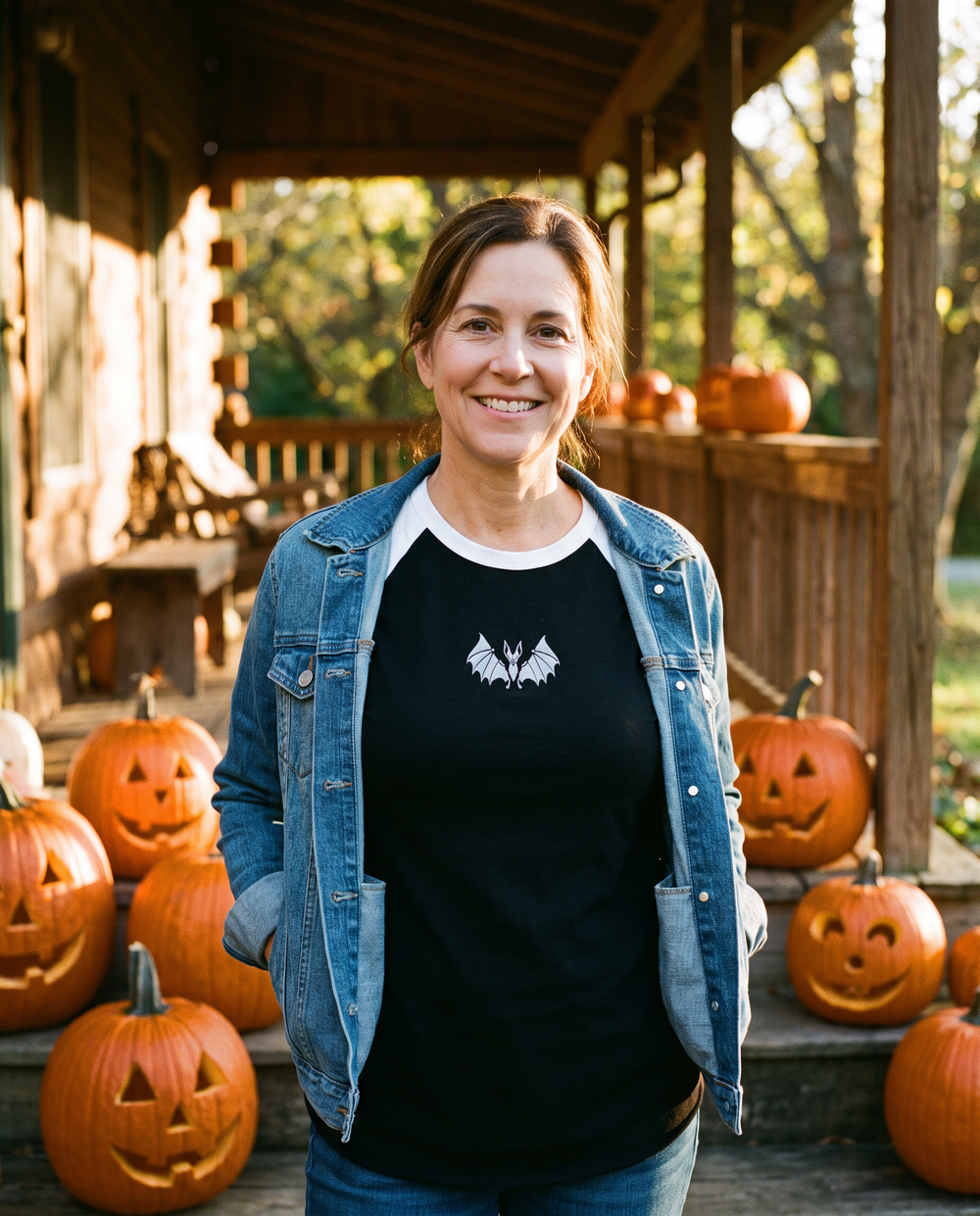 Vampire Bat Raglan, Black/White, worn by model, embroidered bat on Tultex 245 raglan