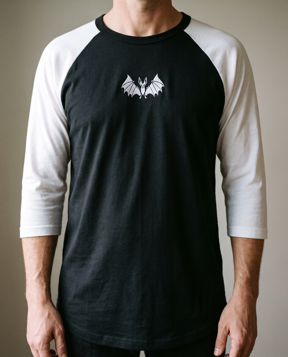 Vampire Bat Raglan, Black/White, worn, chest detail, embroidered bat on Tultex 245 raglan