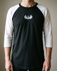 Vampire Bat Raglan, Black/White, worn, chest detail, embroidered bat on Tultex 245 raglan