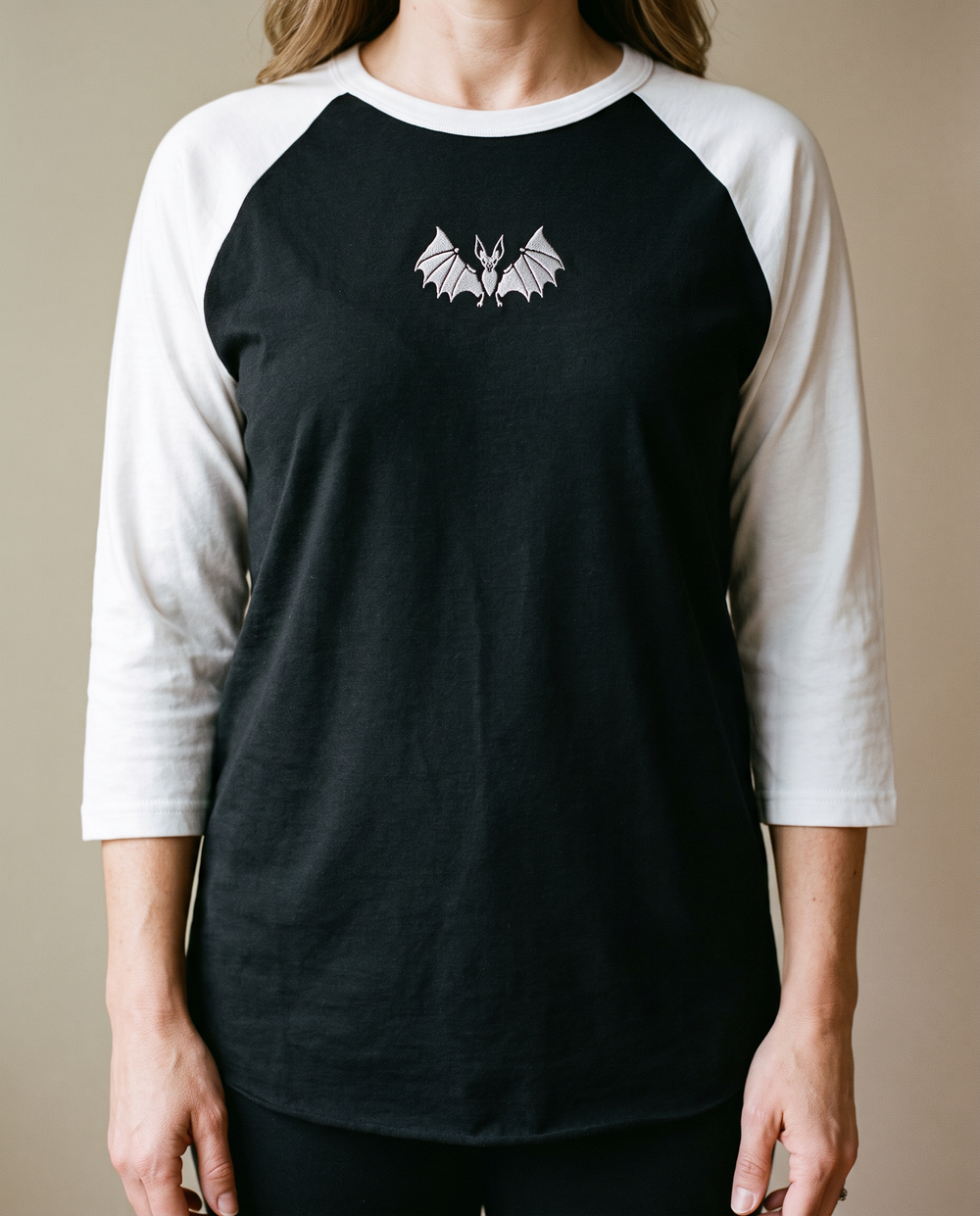 Vampire Bat Raglan, Black/White, worn, chest detail, embroidered bat on Tultex 245 raglan