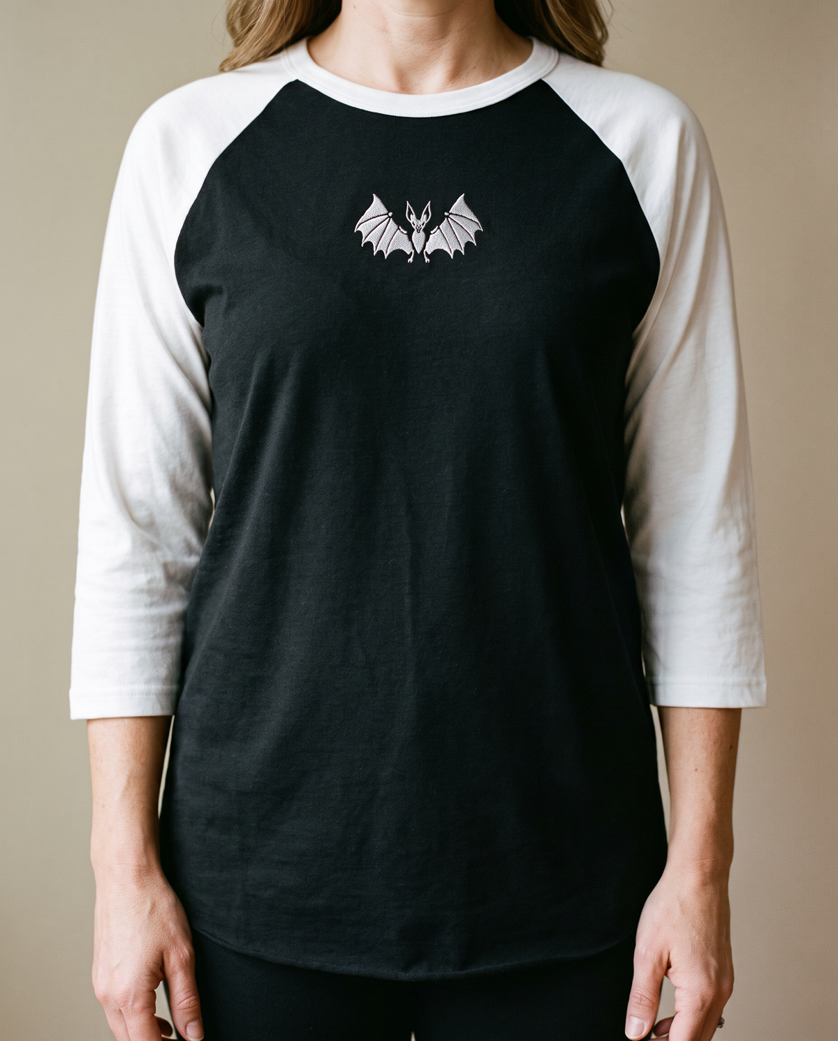 Vampire Bat Raglan, Black/White, worn, chest detail, embroidered bat on Tultex 245 raglan