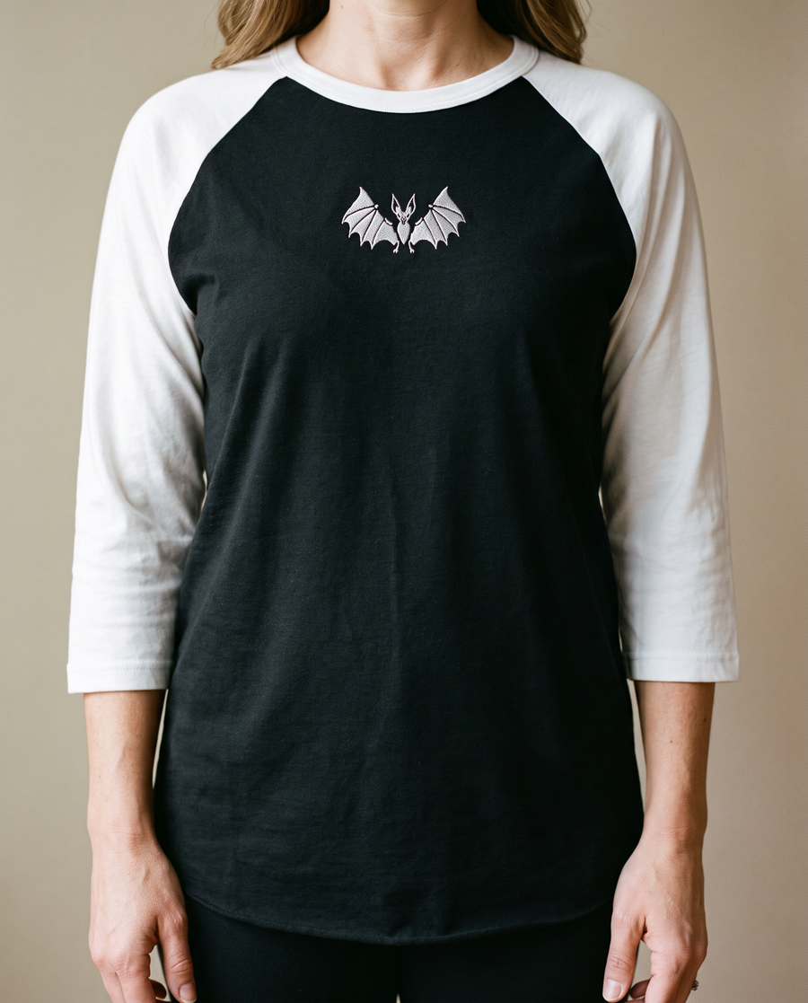 Vampire Bat Raglan, Black/White, worn, chest detail, embroidered bat on Tultex 245 raglan