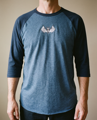 Vampire Bat Raglan, Heather Denim/Navy, worn, chest detail, embroidered bat on Tultex 245 raglan