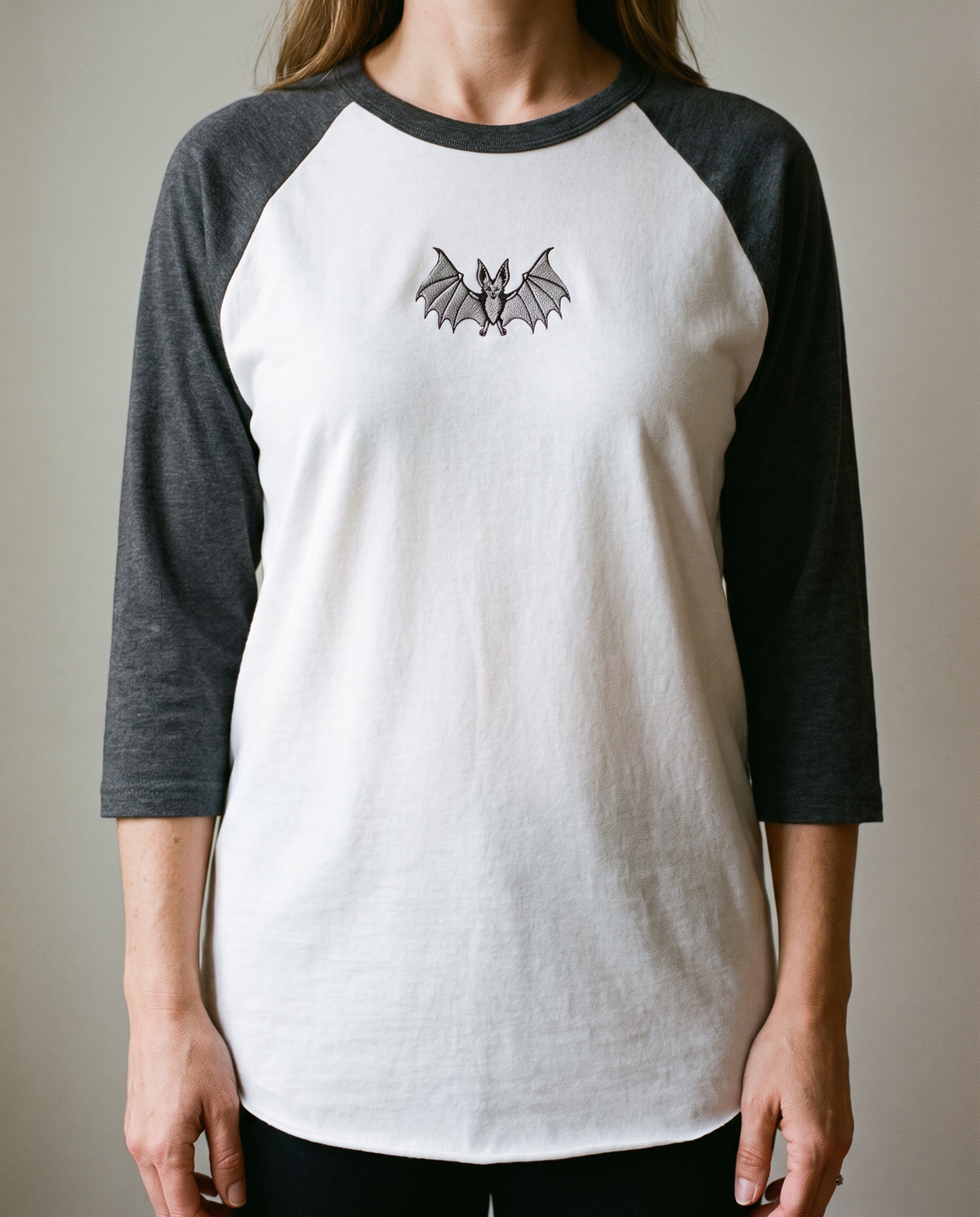 Vampire Bat Raglan, White/Heather Charcoal, worn, chest detail, embroidered bat on Tultex 245 raglan