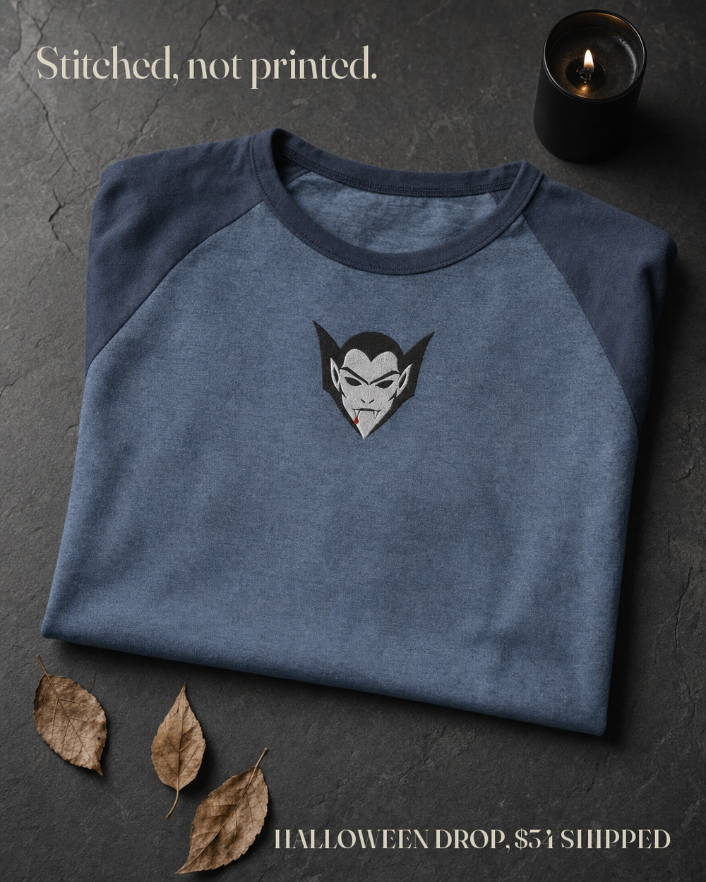 Vampire Lord Raglan, Heather Denim/Navy, embroidered vampire lord on Tultex 245 raglan