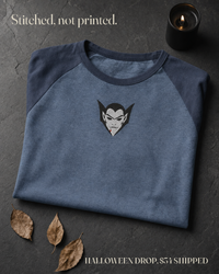 Vampire Lord Raglan, Heather Denim/Navy, embroidered vampire lord on Tultex 245 raglan