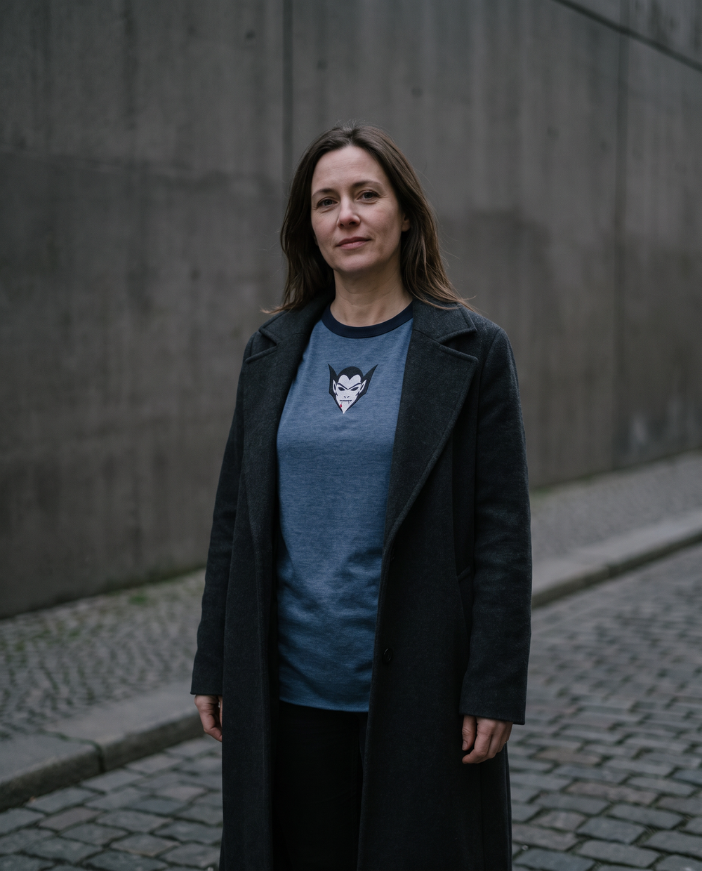 Vampire Lord Raglan, Heather Denim/Navy, worn by model, embroidered vampire lord on Tultex 245 raglan