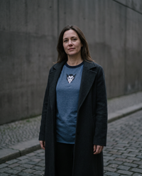 Vampire Lord Raglan, Heather Denim/Navy, worn by model, embroidered vampire lord on Tultex 245 raglan