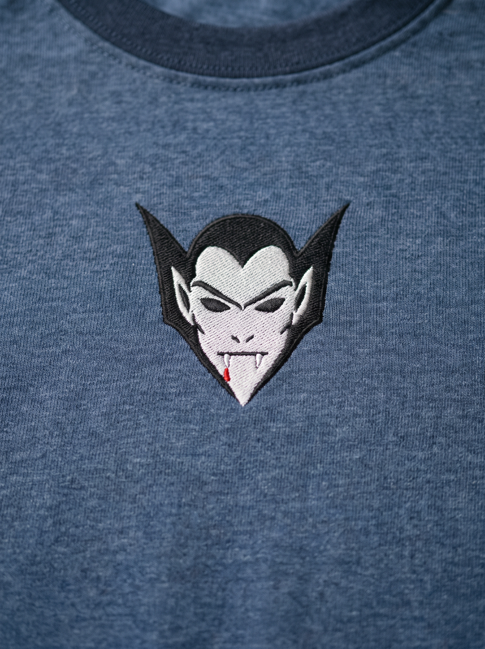 Vampire Lord Raglan, Heather Denim/Navy, embroidered vampire lord on Tultex 245 raglan