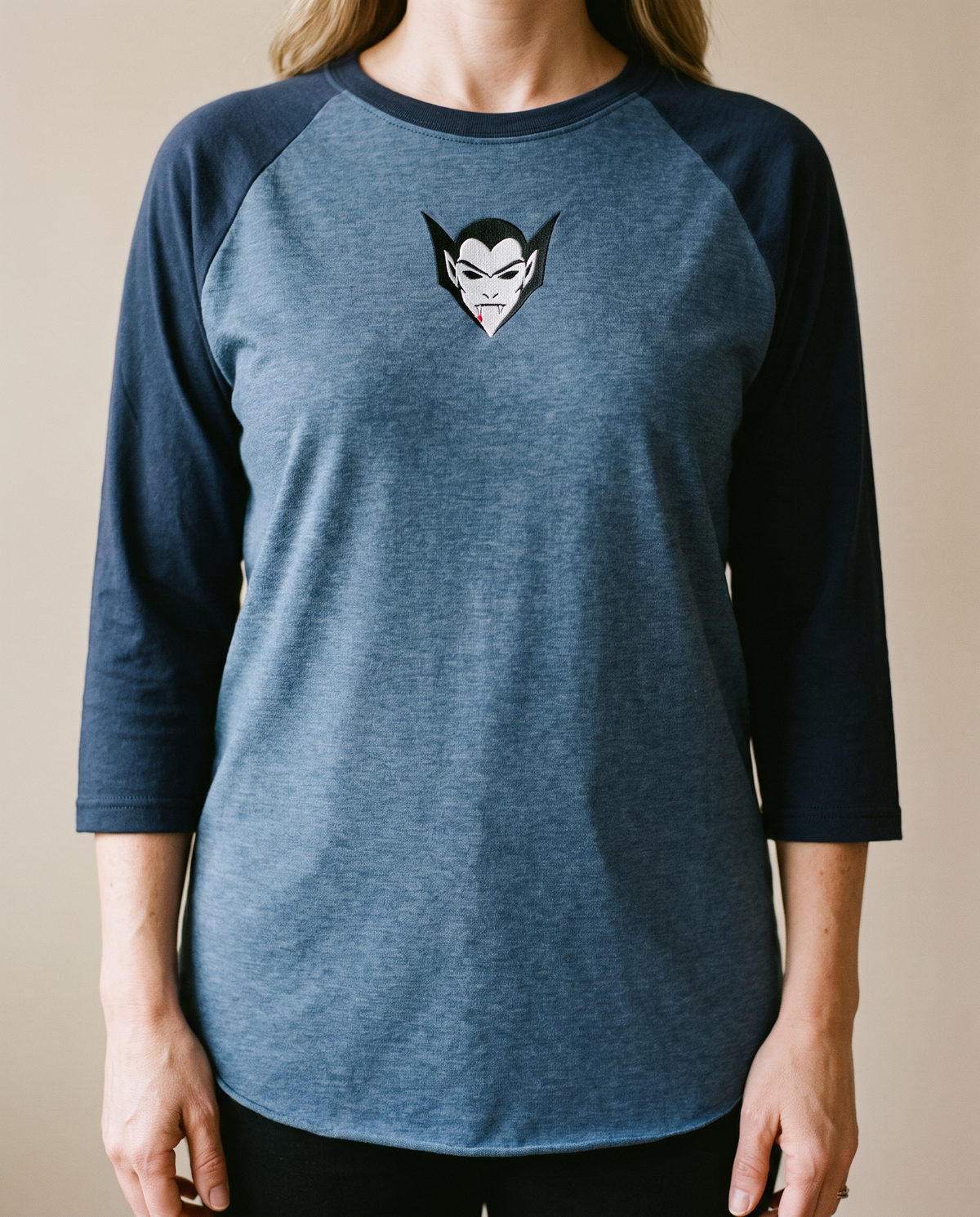 Vampire Lord Raglan, Heather Denim/Navy, worn, chest detail, embroidered vampire lord on Tultex 245 raglan