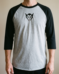 Vampire Lord Raglan, Heather Grey/Black, worn, chest detail, embroidered vampire lord on Tultex 245 raglan