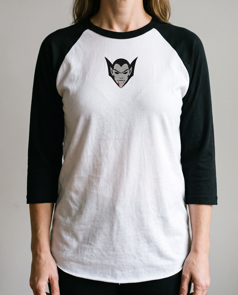 Vampire Lord Raglan, White/Black, worn, chest detail, embroidered vampire lord on Tultex 245 raglan
