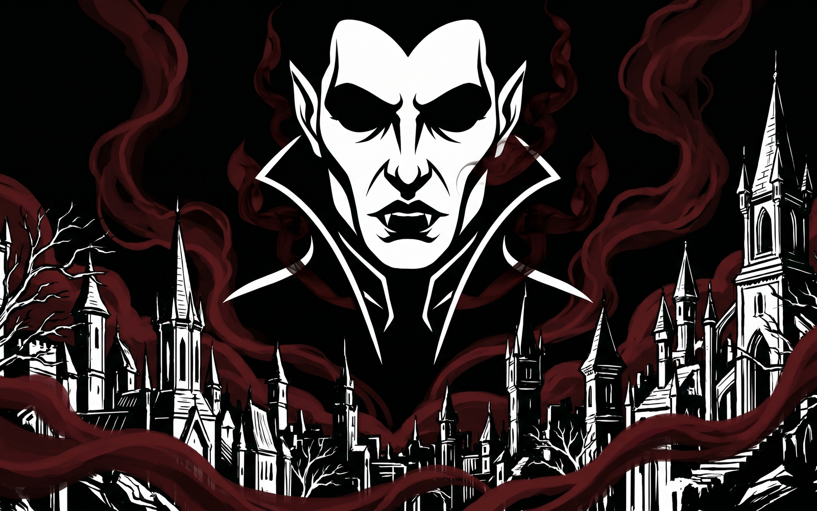 Vampire legend scene, white line-art vampire above a gothic skyline wrapped in crimson smoke