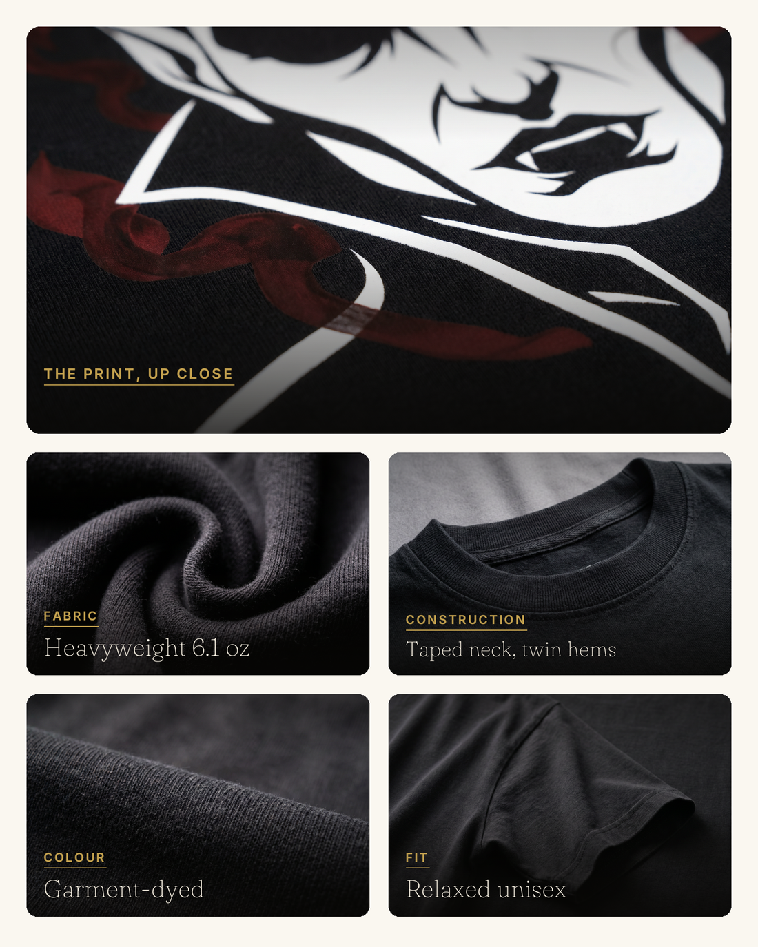 Vampire quality collage, DTFlex white linework print closeup with fabric detail panels on black cotton