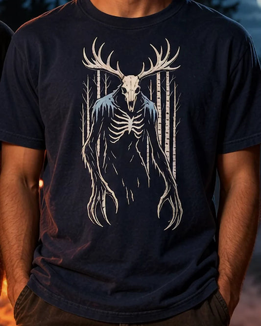 Wendigo: The Winter Hunger tee, true navy, worn, torso view