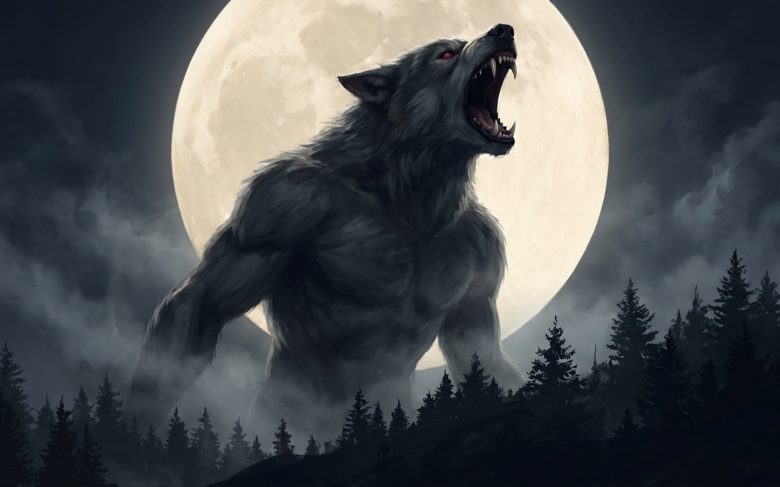 Werewolf legend scene, howling werewolf before an enormous full moon over pine forest