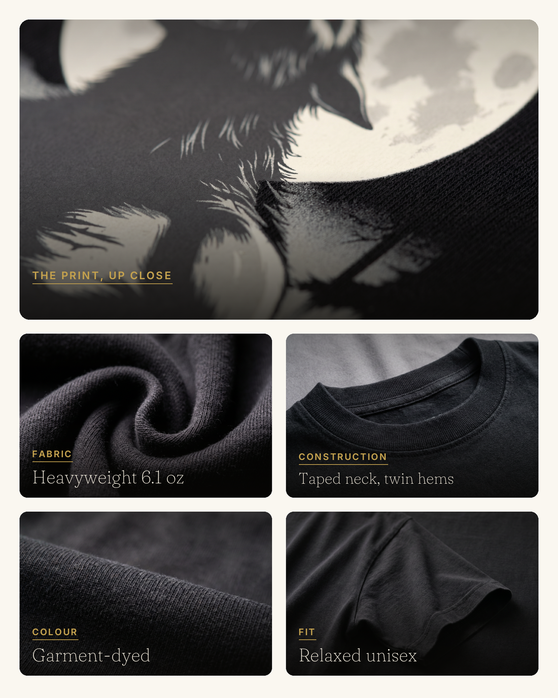 Werewolf quality collage, DTFlex charcoal print closeup with fabric detail panels on black cotton