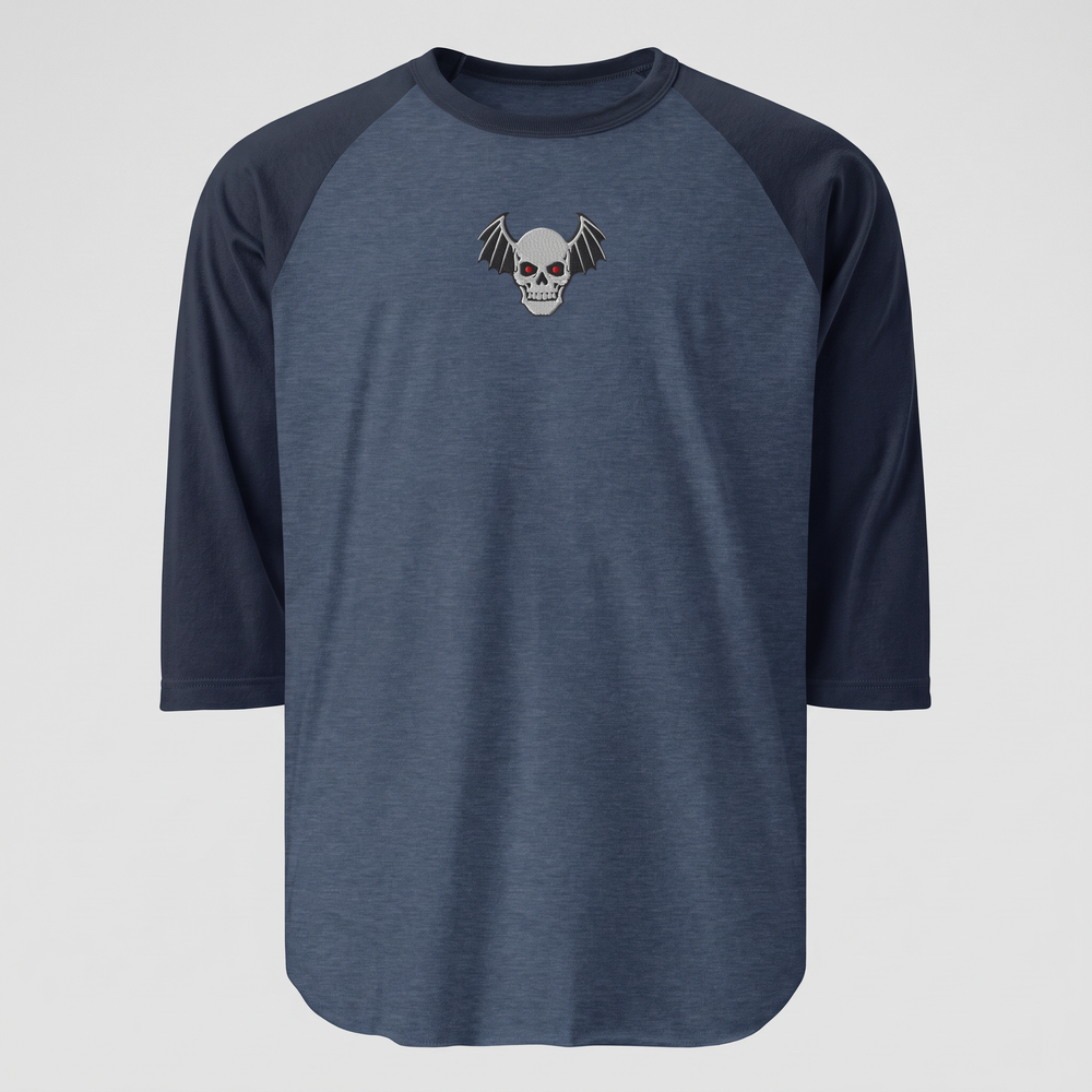 Winged Skull Raglan, Heather Denim/Navy, embroidered winged skull on Tultex 245 raglan