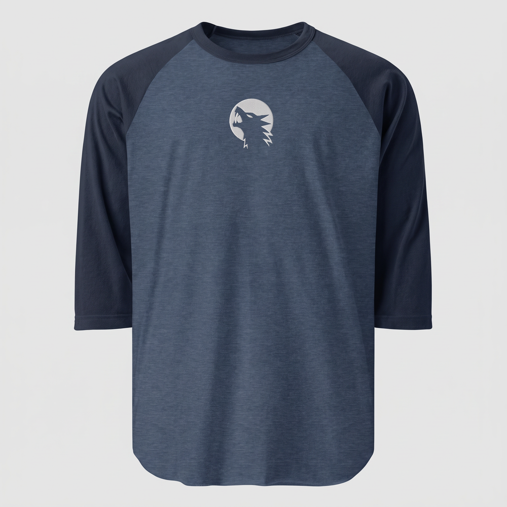 Wolf Moon Raglan, Heather Denim/Navy, embroidered wolf and moon on Tultex 245 raglan