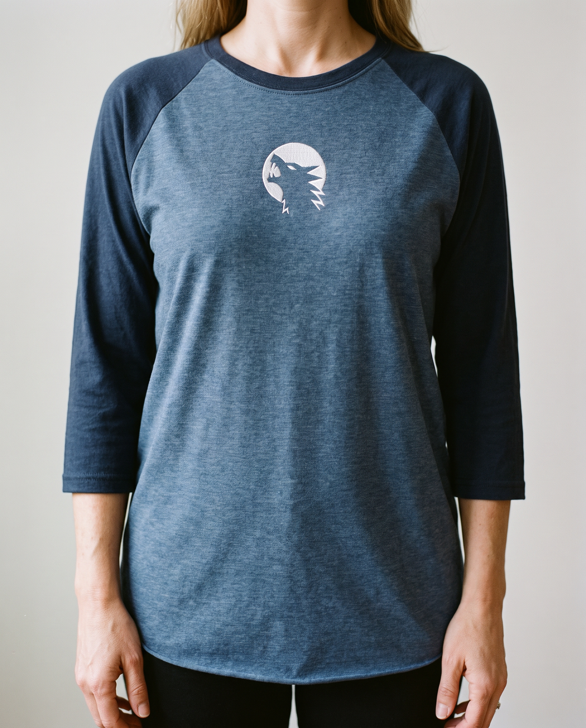 Wolf Moon Raglan, Heather Denim/Navy, worn, chest detail, embroidered wolf and moon on Tultex 245 raglan