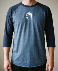 Wolf Moon Raglan, Heather Denim/Navy, worn, chest detail, embroidered wolf and moon on Tultex 245 raglan