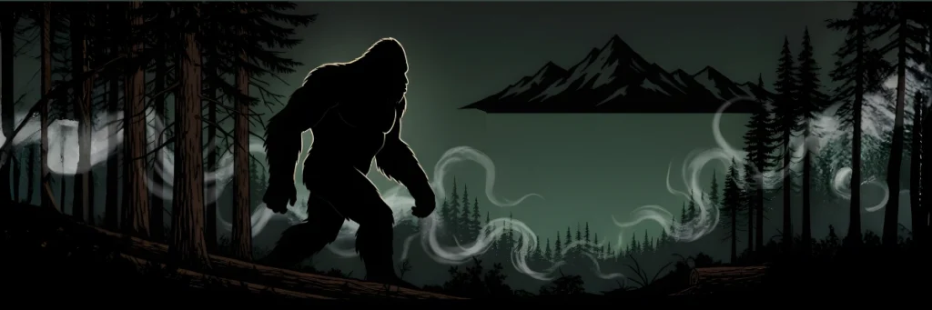 Bigfoot silhouette walking through Pacific Northwest forest, morning mist, Douglas fir trees, cryptid mystery banner
