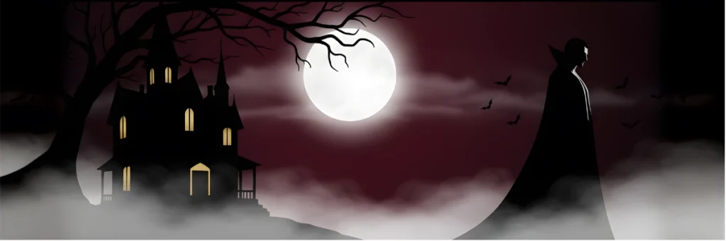 Victorian mansion with full moon, vampire silhouette, Gothic horror atmospheric scene, Supernatural Folklore collection banner