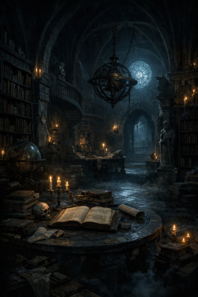 Dimly lit medieval library with bookshelves, a globe, candles, an open book, and a skull on a table. A large window and st...